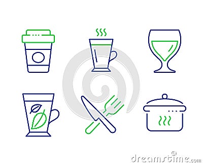 Latte, Mint leaves and Takeaway coffee icons set. Food, Wine glass and Boiling pan signs. Vector Vector Illustration