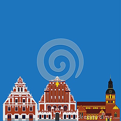 Latvia country landmark. Riga travel sightseeing. House of the Blackheads and Riga Cathedral Vector Illustration