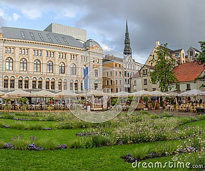 LATVIA RIGA AUG 2018 evening view of the street cafes in the Old Riga square Editorial Stock Photo