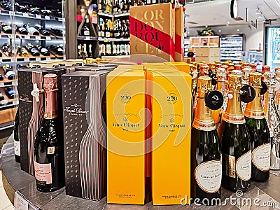 Champagne Veuve Clicquot and other sparkling wines high quality of different manufacturers Editorial Stock Photo