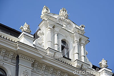 Latvia, Riga. Superstructure on a house roof in the form of jugendstil. Stock Photo