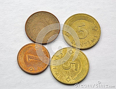 Latvian coins closeup against white Stock Photo