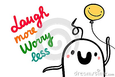 Laugh more worry less hand drawn vector illustration in cartoon style with happy man and balloon Cartoon Illustration