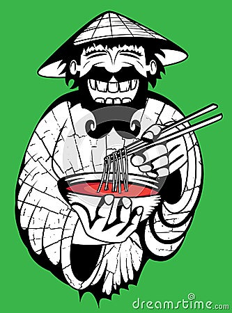 Laughing asian chef holding bowl with thai soup Cartoon Illustration