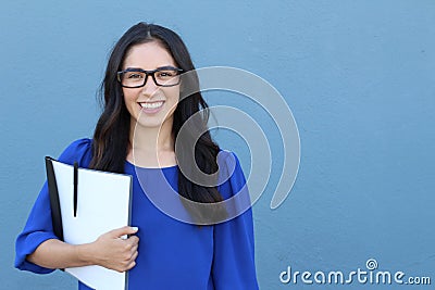 Laughing big white smile perfect straight teeth dental patient headshot female student with glasses youthful genuine Stock Photo