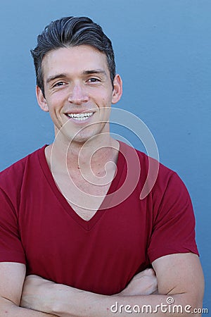 Laughing big white smile perfect straight teeth dental patient headshot male youthful genuine Stock Photo