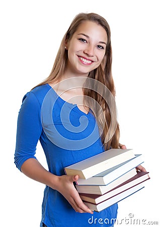 Laughing blond woman loves books Stock Photo