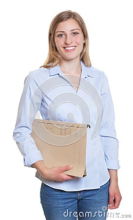 Laughing blonde businesswoman with file Stock Photo