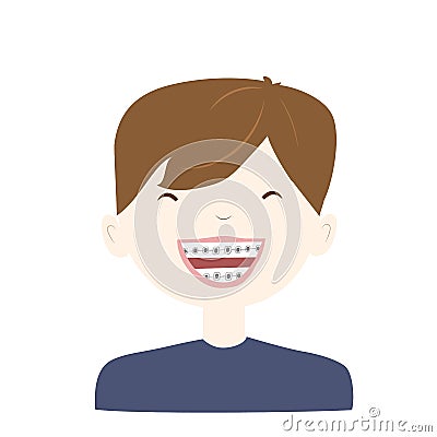 Laughing boy wearing braces tooth system. Vector illustration Vector Illustration