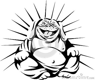 Laughing Bulldog Buddha Sitting Black and White Vector Illustration