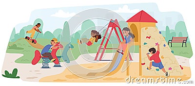 Laughing Children Swarm The Playground, Swinging Energetically, Sliding Swiftly, And Climbing With Fearless Joy Vector Illustration