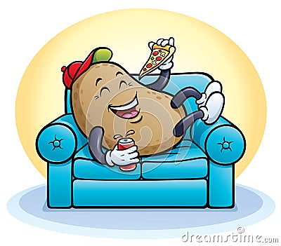 Laughing Couch Potato Character Eating Pizza Stock Photo