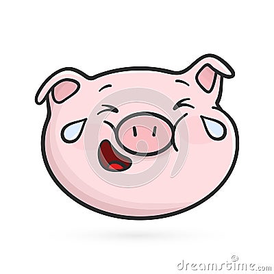 Laughing with drops of tears emoji pig. Vector Illustration