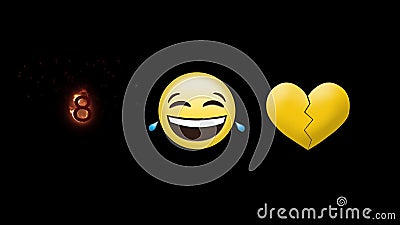 Laughing Face Emoji, Yellow Broken Heart and Number Eight on Fire Icon on Black  Background Stock Footage - Video of smile, emotion: 226556668