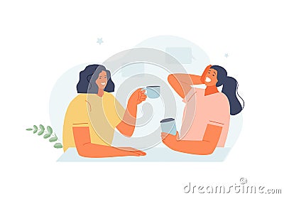 Laughing female girlfriends drinking coffee Vector Illustration