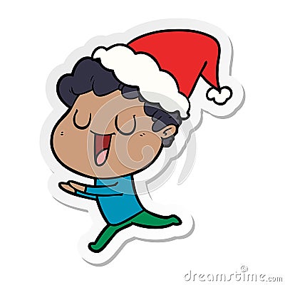 laughing hand drawn sticker cartoon of a man running wearing santa hat Vector Illustration