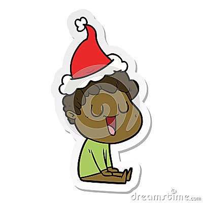 laughing hand drawn sticker cartoon of a man wearing santa hat Vector Illustration