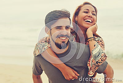 Laughing hippie love couple in vintage summer style Stock Photo