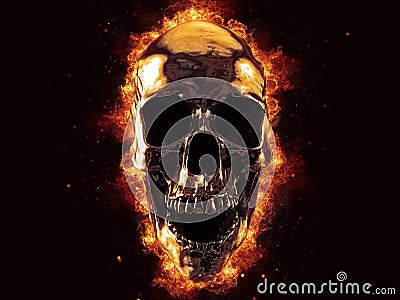 Laughing liquid metal skull on fire Stock Photo