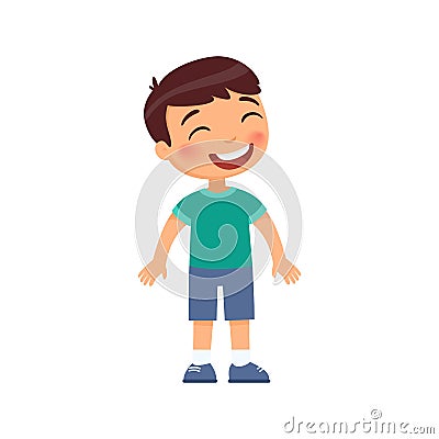 Laughing little boy flat vector illustration. Cheerful child with a smile on face standing alone cartoon character. Vector Illustration