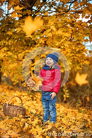 Laughing little girl with bouquet yellow maple leaves Stock Photo