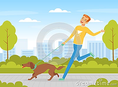 Laughing Man Pet Owner Walking His Dog Running After It Vector Illustration Vector Illustration