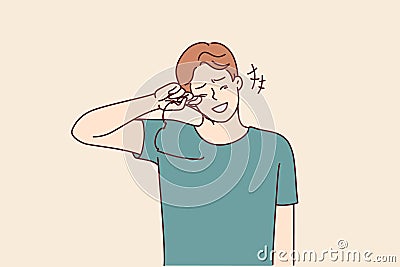 Laughing man takes off glasses wiping tears of joy from eyes after hearing joke or good news Vector Illustration