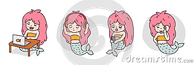 Laughing mermaid with laptop, with smartphone, mermaid listening to music, making faces, sticking tongue out. Vector Illustration