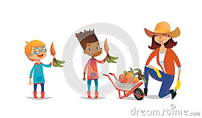 Laughing multiracial children holding carrots and female agricultural worker dressed in rubber boots and straw hat Vector Illustration