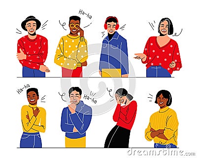 Laughing people. Cheerful smiling characters, positive emotions, men and women having fun, joke reactions, glad Vector Illustration