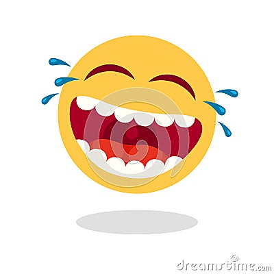 Laughing smiley emoticon. Cartoon happy face with laughing mouth and tears. Loud laugh vector icon Vector Illustration