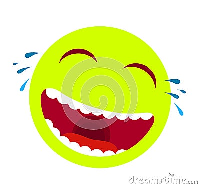 Laughing smiley emoticon vector. Cartoon happy face with laughing mouth and tears, emoticons cry or tear smile illustration. Stock Photo