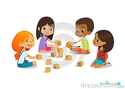 Laughing and smiling kids sit on floor in circle, play with toy cubes talk. Vector Illustration