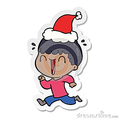 laughing sticker cartoon of a man wearing santa hat Vector Illustration