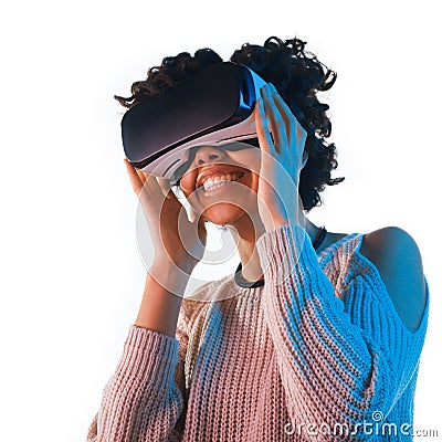 Laughing trendy girl in VR glasses Stock Photo