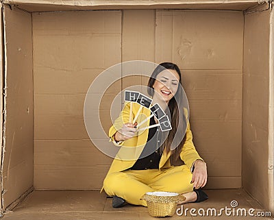 Laughing unemployed businesswoman asks for help Stock Photo