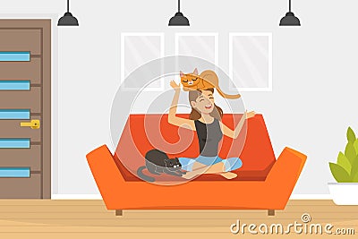 Laughing Woman Pet Owner Sitting on Sofa Playing with Cats Vector Illustration Stock Photo