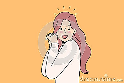 Laughing woman raises hands and looks at screen, enjoying meeting you or glad to receive good news Vector Illustration