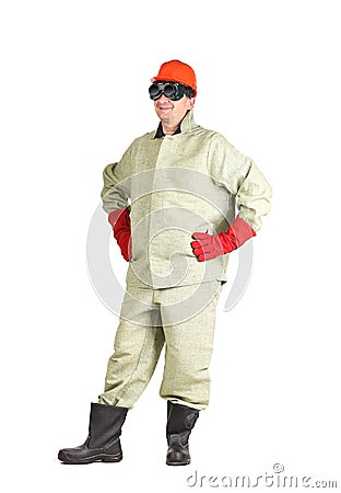 Laughing worker in welder goggles. Stock Photo