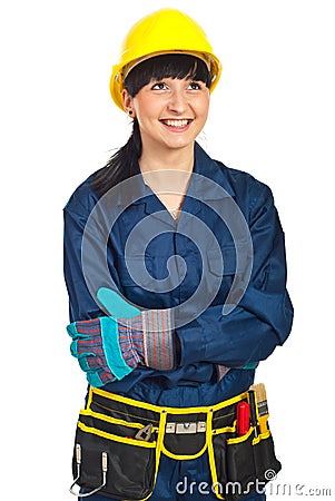 Laughing worker woman looking up Stock Photo
