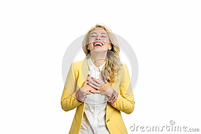 Laughing young blond, white background. Stock Photo