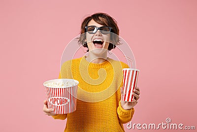Laughing young woman girl in 3d imax glasses posing isolated on pink background. People in cinema, lifestyle concept Stock Photo