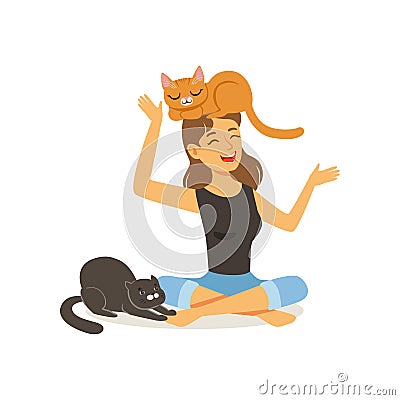 Laughing young woman sitting with legs crossed. Red cat on girl s head, black cat next to hostess. Female character Vector Illustration