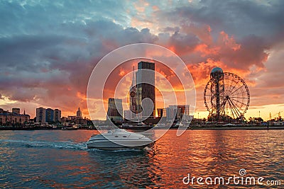 Launch boat is crossing the sea Editorial Stock Photo