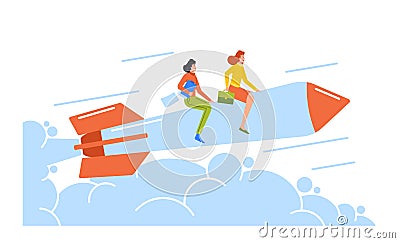 Launch Of Business Startup, Mission, Career Boost Concept. Team Of Entrepreneurs Flying Up On Rocket Achieving Goals Vector Illustration