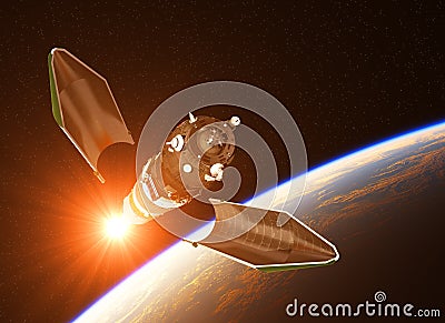 Launch Of Cargo Spacecraft On Background Of Rising Sun Stock Photo