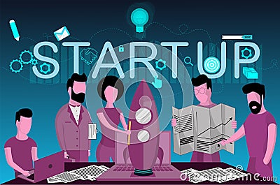 The launch of a new business, start up, teamwork Vector Illustration