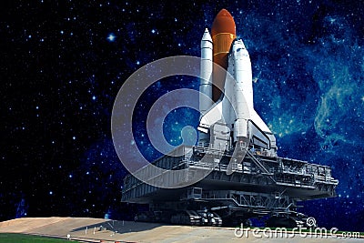 The launch pad of the spaceship, against the background of the beautiful star sky. Elements of this image were furnished by NASA Stock Photo