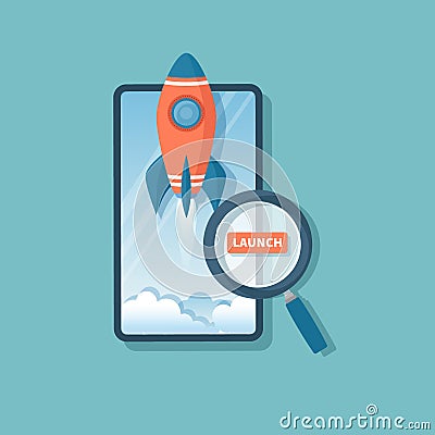 Launch rocket from phone screen. Business project startup, financial planning, idea, strategy, management, realization, success. V Vector Illustration