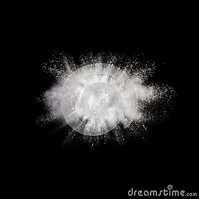 Launched white particle splash on black background. Stock Photo